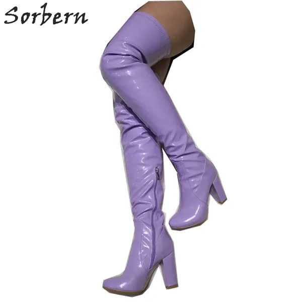 Женские сапоги выше колена Sorbern, сиреневые, на блочном каблуке, с круглым носком, модельная обувь, 2019