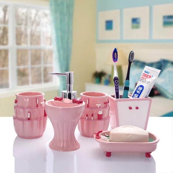 Розовый костюм из пяти предметов для ванной в европейском стиле, корейский студенческий смоляный набор для мытья ванной комнаты, чашка для ...