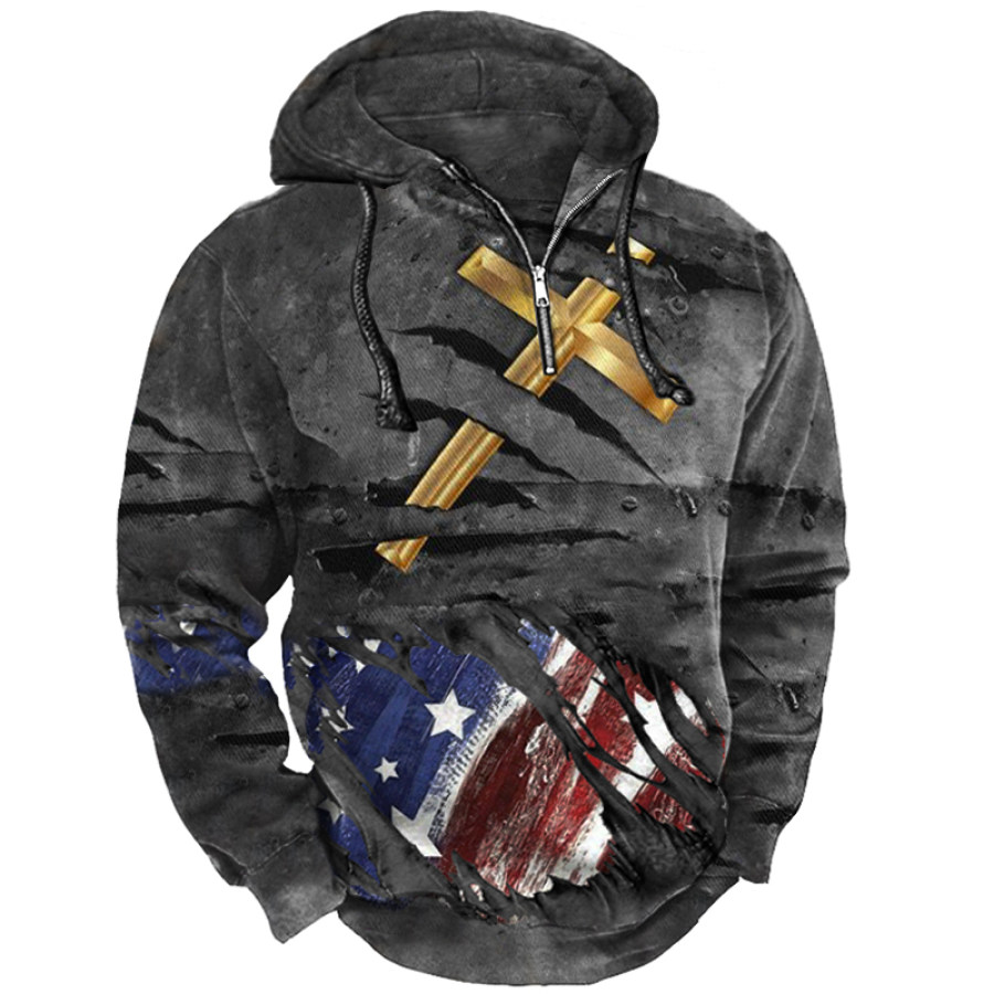 Мужская толстовка с капюшоном Vintage Cross American Flag Crack