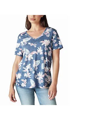 LUCKY BRAND Женская синяя футболка с коротким рукавом и V-образным вырезом с цветочным принтом, L
