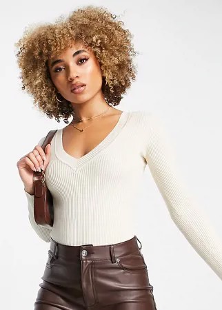 Боди из трикотажа песочного цвета в рубчик с V-образным вырезом Missguided-Светло-бежевый цвет