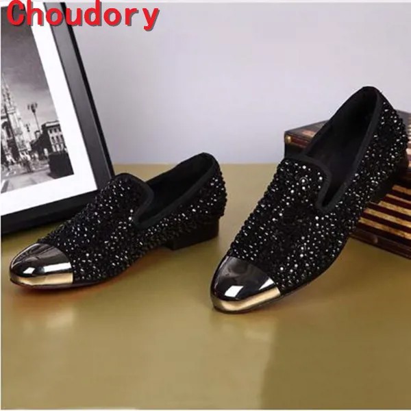 Лидер продаж 2017, красные мужские золотистые Мокасины Choudory, мужская кожаная обувь, повседневные стразы, черные ботинки-гвоздики с кристаллами