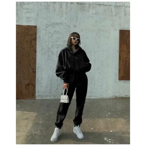 Костюм, худи и брюки, повседневный стиль, оверсайз, карманы, капюшон, размер M, черный