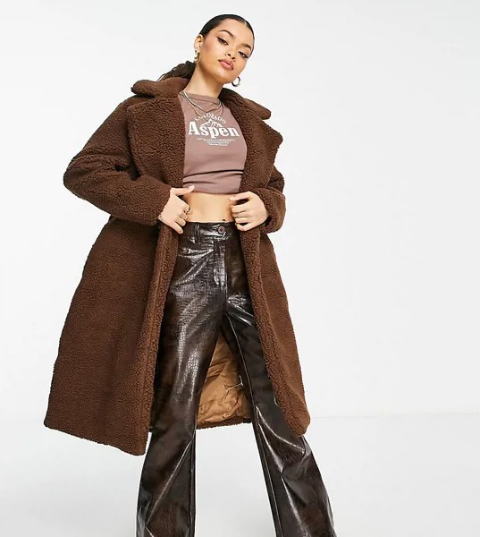 Длинное пальто из искусственного меха шоколадно-коричневого цвета Parisian Petite-Коричневый цвет