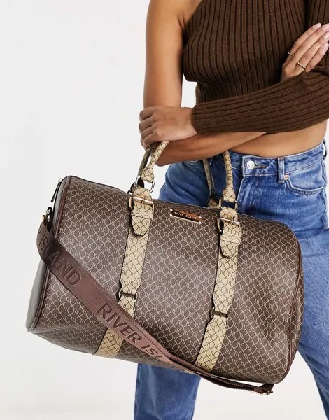 Дорожная сумка овальной формы в спортивном стиле с монограммами River Island-Коричневый цвет