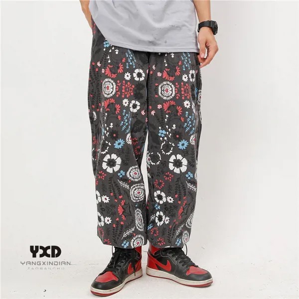 Джинсы мужские с цветочным принтом, повседневные брюки свободного покроя, уличная одежда в японском стиле, брюки из денима в стиле Харадзюку