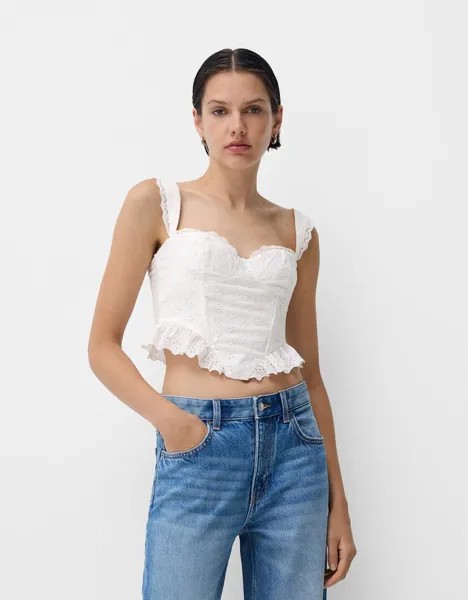 Топ с оборками и швейцарской вышивкой Bershka, белый