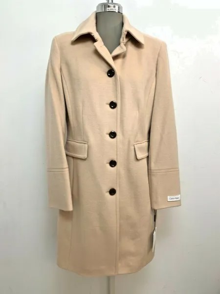 Calvin Klein NWT Modern TAN Шерстяное однобортное пальто средней длины, размер 8,10,12
