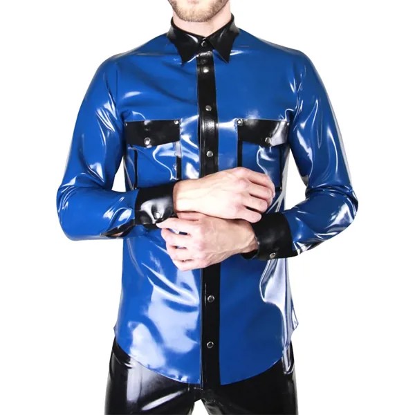 Модные сексуальные рубашки из латекса, резиновые топы с длинными рукавами и пуговицами спереди с карманом, синие с черной отделкой для мужчин