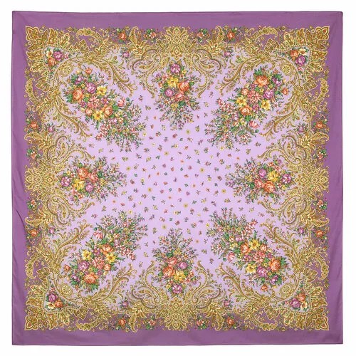 Платок Павловопосадская платочная мануфактура,146х146 см, горчичный, лиловый