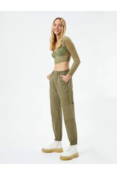 Брюки Jogger из габардина с цепочкой, карманами и эластичной резинкой на талии Koton, хаки