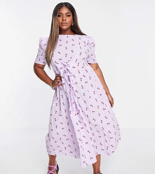Свободное платье миди с цветочным принтом и завязкой спереди Lost Ink Plus-Фиолетовый цвет