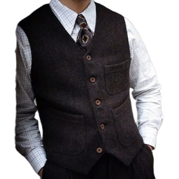 Мужской твидовый пиджак в стиле сафари, элегантный классический облегающий свадебный жилет в викторианском стиле черного и коричневого цв...