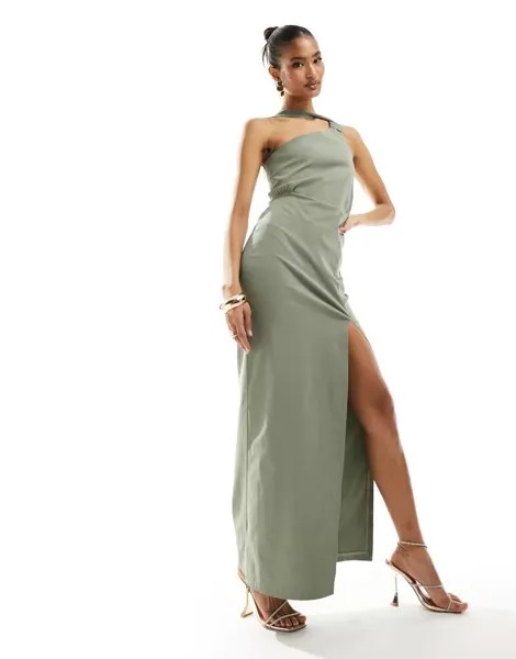 Vesper – Эксклюзивное платье макси оливково-зеленого цвета с вырезом на одно плечо и высоким разрезом на ногах