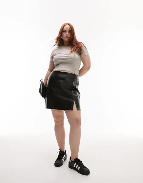 Topshop Curve – Черная мини-юбка из искусственной кожи с разрезом