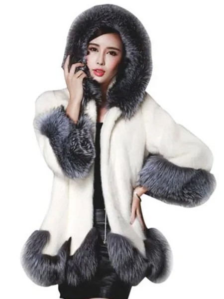 Milanoo Faux Fur Coat Women Black Long Sleeves Hooded Winter Coats