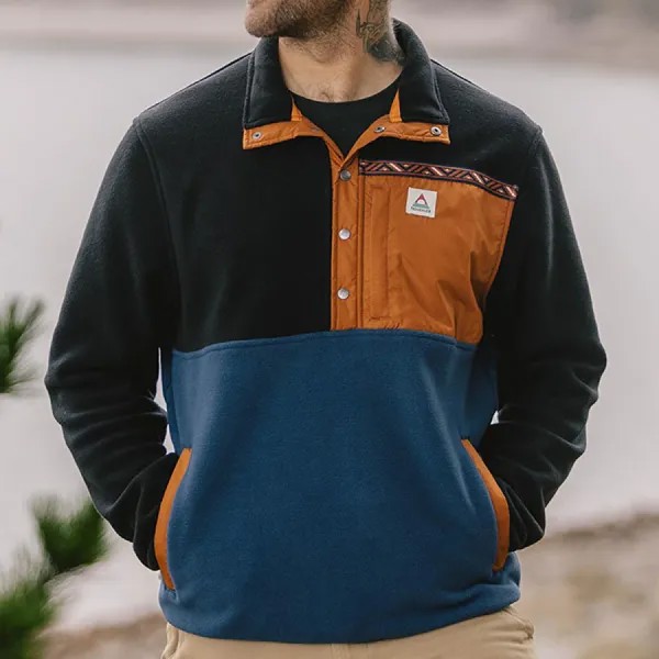 Мужская флисовая толстовка Henley с винтажным контрастным этническим рисунком переработанное флисовое пальто по течению