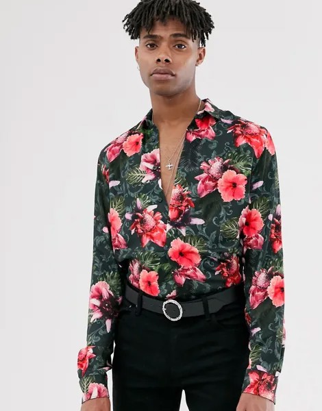 Рубашка классического кроя с тропическим цветочным принтом Twisted Tailor-Черный