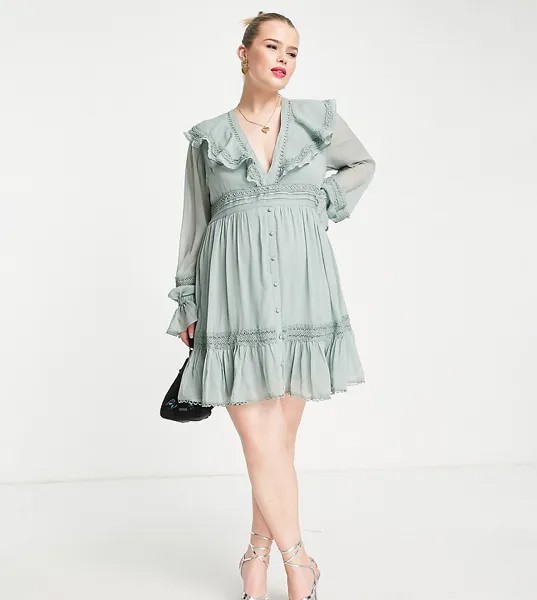 Платье мини на пуговицах с рюшами и кружевными вставками ASOS DESIGN Curve-Зеленый цвет