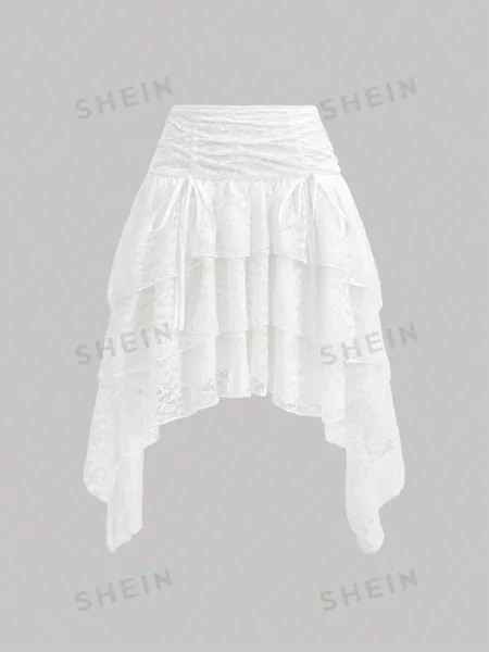 SHEIN MOD Белая кружевная декорированная асимметричная юбка с рюшами по подолу, белый