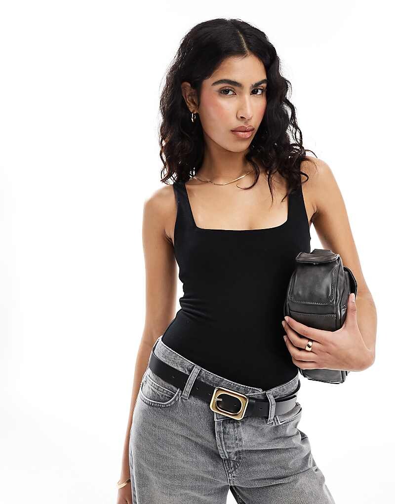 ASOS DESIGN – Черное двухслойное хлопковое боди с овальным вырезом