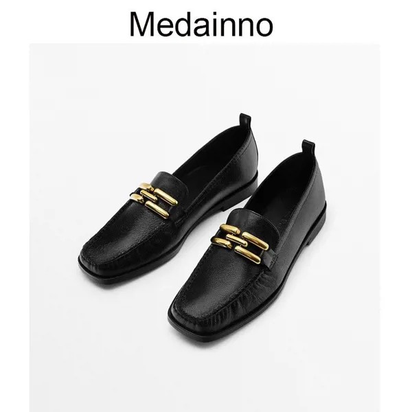 Medainno 2022 новые женские мокасины из натуральной кожи с квадратным носком на плоской подошве без застежки однотонные универсальные повседневные Простые женские шикарные туфли