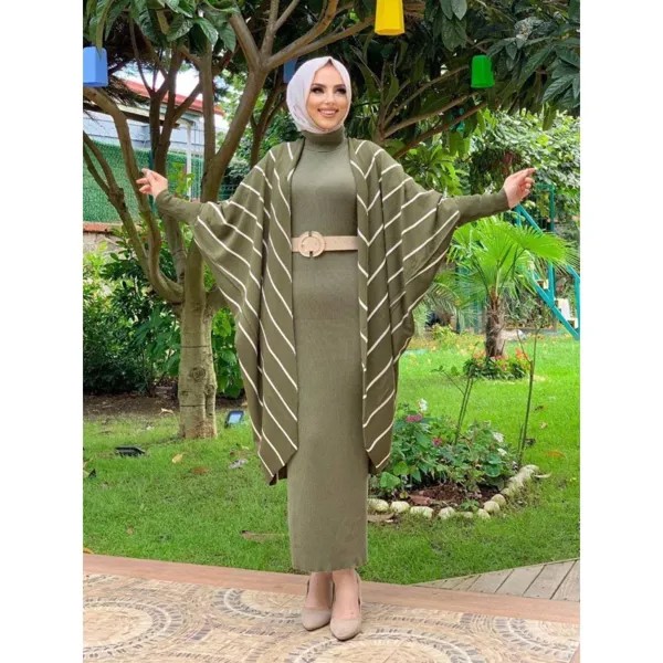 Мусульманские комплекты из двух частей Макси-платье и кардиган с ромбовидным узором Комплект Абая Скромные комплекты исламской одежды Хиджаб Турецкие платья Дубай