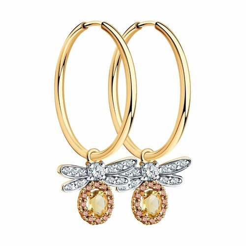Серьги конго, трансформеры Diamant online, красное золото, 585 проба, фианит, цитрин, размер 19 мм, длина 3.1 см, , желтый