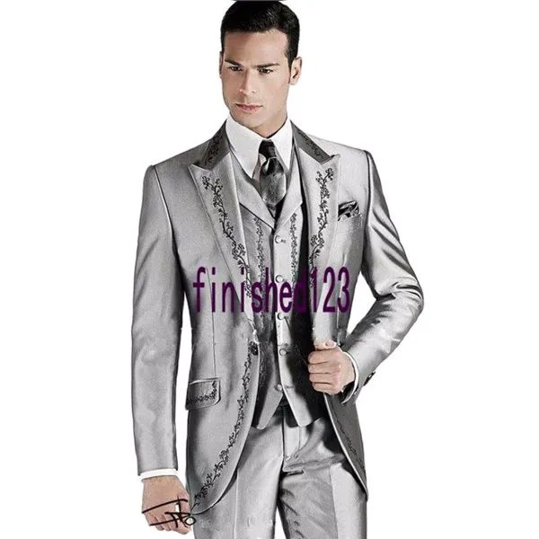 Красивые блестящие серебряные смокинги с вышивкой для жениха Мужские костюмы для выпусквечерние вечера вечеринки деловые костюмы Индивидуальный размер (пиджак + брюки + жилет) K:355