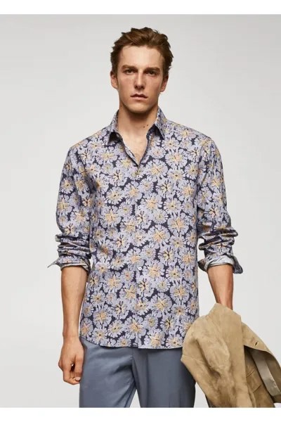 Рубашка стандартного кроя с рисунком из 100% хлопка Mango, темно-синий