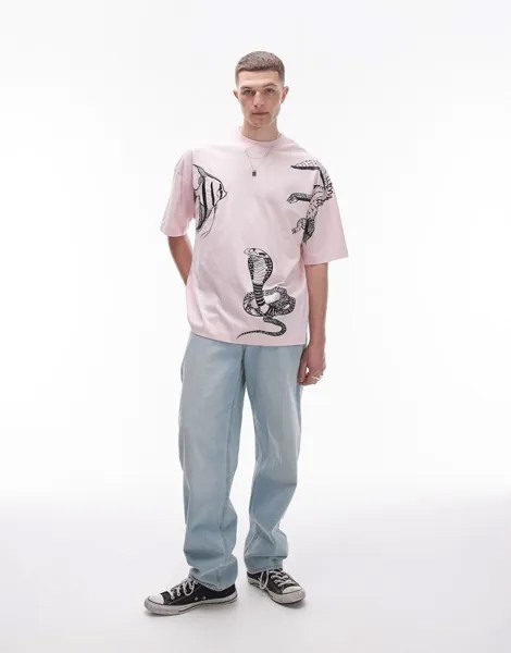 Розовая футболка оверсайз с вышивкой животных Topman