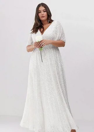 Платье макси с расклешенными рукавами и пайетками ASOS EDITION Curve wedding-Белый