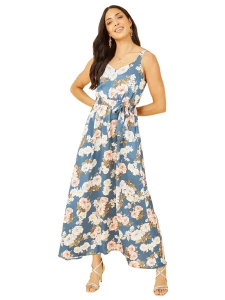 Платье макси из атласа с цветочным принтом Mela London, синее