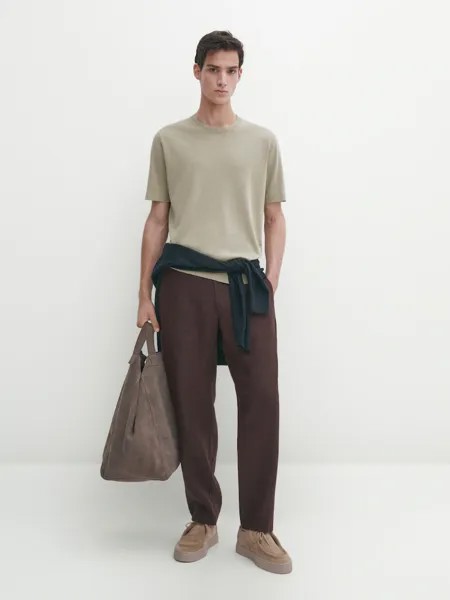 Трикотажная футболка с круглым вырезом и короткими рукавами Massimo Dutti, хаки