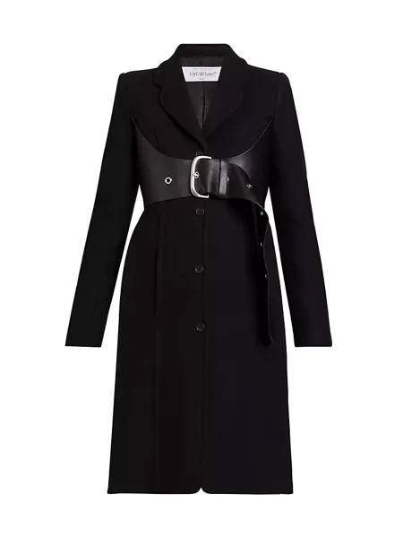 Кожаное пальто с поясом Off-White, черный