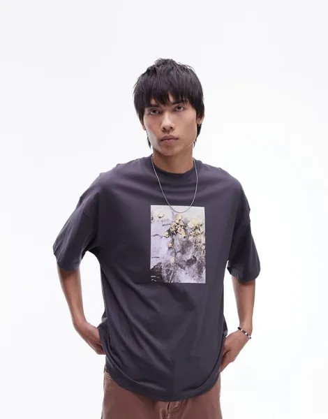 Topman Premium – графитовая футболка Extreme oversize с цветочным принтом