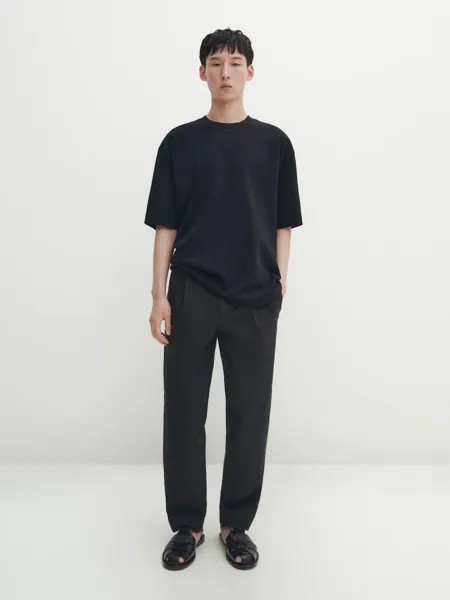 Хлопковая футболка с заниженными плечами и круглым вырезом Massimo Dutti, черный