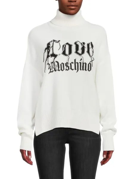 Свитер с воротником из смесовой шерсти и логотипом Love Moschino, цвет Optical White