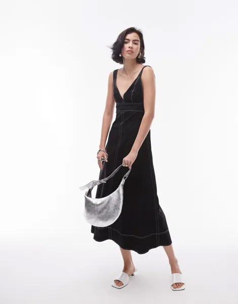 Topshop — сарафан миди из черного поплина с контрастной строчкой