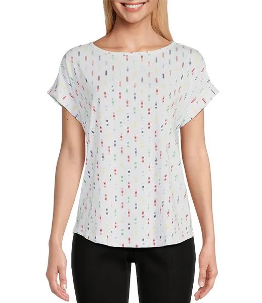 Multiples Slub Knit Dash Print Кепка с круглым вырезом Рукав «летучая мышь» Облегающий топ с высоким низом и низким краем, белый