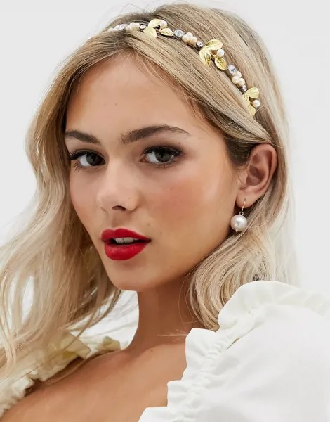 Обруч с золотистыми листочками и искусственным жемчугом ASOS DESIGN-Золотой