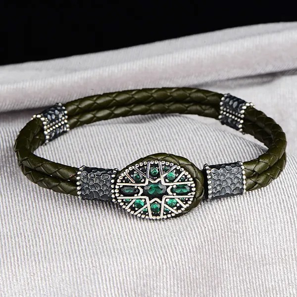 Серебряный браслет из натуральной кожи, браслет из Изумрудного камня, мужской браслет в оттоманском стиле, браслет из серебра 925 пробы