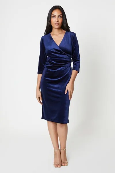 Бархатное платье прямого кроя Petite со сборками Wallis, темно-синий