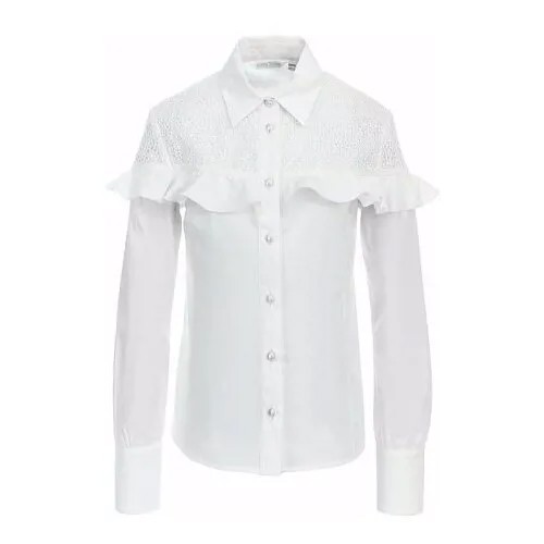 Нарядная белая блузка с кружевной кокеткой и воланом, SSFSG-829-23018-200, Silver Spoon, школьная форма, детская блузка для девочек, размер 146 белый