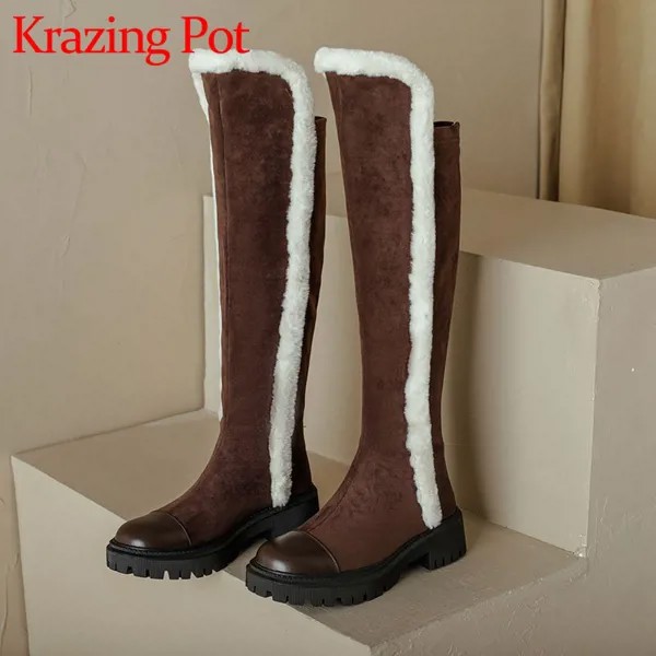Сапоги Krazing Pot из воловьей кожи, флоковые, на среднем каблуке, круглый носок, теплые, на меху, на молнии, романтические французские ботфорты, разные цвета