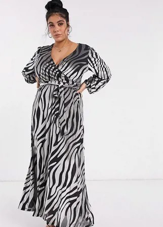 Бархатное платье макси с зебровым принтом ASOS DESIGN Curve-Мульти