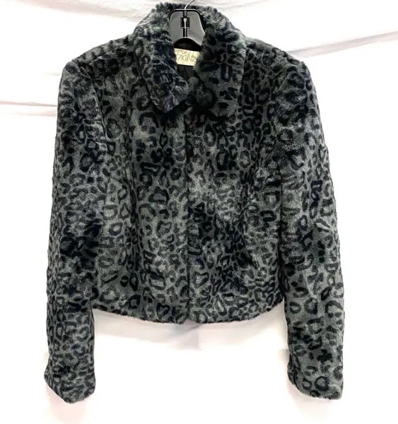 Серо-черная укороченная куртка из мягкого искусственного меха с леопардовым животным принтом CACHE, пальто S 4/6