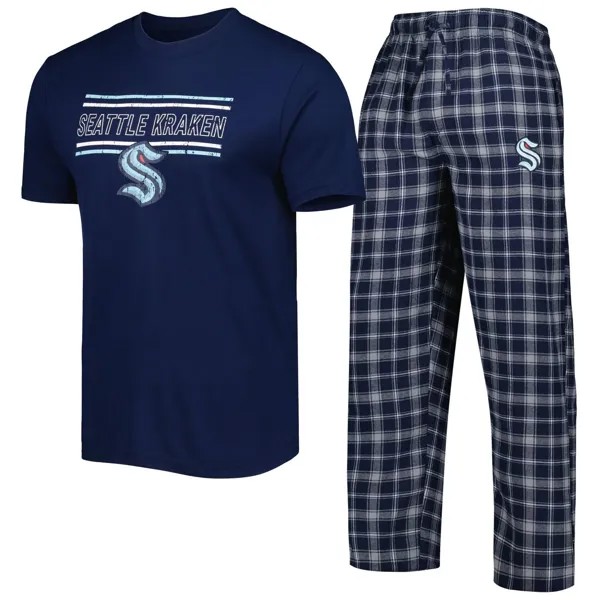 Мужской комплект для сна, темно-синяя/серая футболка со значком Seattle Kraken Badge и брюки Concepts Sport