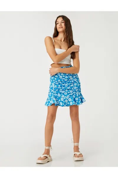 Мини-юбка с цветочным принтом, сборками и оборками Koton, синий