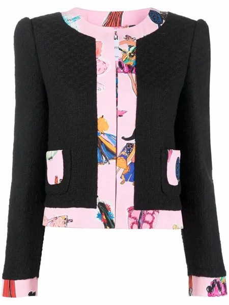 Moschino graphic-print trimmed tweed jacket